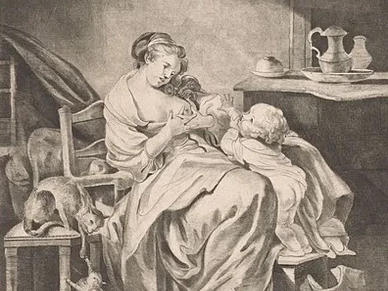 1718-Claude Henri Watelet - Interno di una scena con una donna seduta che allatta il suo bambino